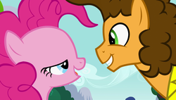 Size: 1920x1088 | Tagged: safe, screencap, cheese sandwich, pinkie pie, g4, pinkie pride, eye contact, lidded eyes