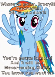 Size: 761x1050 | Tagged: artist needed, source needed, safe, rainbow dash, pegasus, pony, g4, bronybait, demands, female, hooves, hug, mare, open mouth, question, raised eyebrow, reaction image, simple background, smiling, solo, spread wings, text, vector, white background, wings