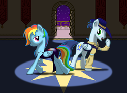 Size: 1024x749 | Tagged: safe, artist:rebron-y, rainbow dash, soarin', g4, clothes, dancing, dress, female, hat, male, ship:soarindash, shipping, smiling, spotlight, straight