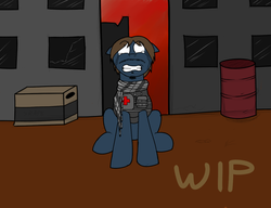 Size: 1300x1000 | Tagged: safe, artist:facade, oc, oc only, oc:cotton, pony, fallout equestria, barrel, box, city, crying, solo, wip