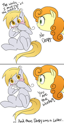 Size: 653x1258 | Tagged: safe, artist:the-orator, carrot top, derpy hooves, golden harvest, earth pony, pegasus, pony, g4, derpception, doom: repercussions of evil, eating, female, mare, nom, paper