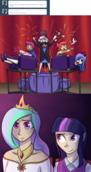 Size: 1280x2408 | Tagged: safe, artist:7nights, apple bloom, princess celestia, princess luna, scootaloo, sweetie belle, twilight sparkle, human, ask human luna, g4, ask, comic, cutie mark crusaders, humanized, magic, magic trick, moustache, tumblr