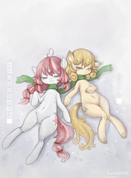 Size: 735x1000 | Tagged: safe, artist:kuma8696, oc, oc only, oc:chidey, pony, belly button, clothes, duo, on back, pixiv, scarf, shared clothing, shared scarf, sleeping, snow, snowfall