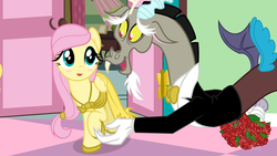 Size: 5333x3000 | Tagged: safe, artist:discordedproductions, discord, fluttershy, draconequus, pegasus, pony, fanfic:bride of discord, g4, blushing, bouquet of flowers, clothes, dress, duo, female, flower, male, ship:discoshy, shipping, straight
