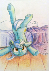 Size: 1821x2639 | Tagged: safe, artist:sokolas, lyra heartstrings, g4, backbend, bed, colored pencil drawing, cute, faceplant, female, floppy ears, frown, legs in air, looking at you, looking up, lyrabetes, morning ponies, solo, traditional art, underhoof