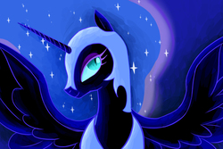 Size: 1062x709 | Tagged: safe, artist:rosolite, nightmare moon, g4, bedroom eyes, female, looking at you, pixiv, portrait, smiling, solo, spread wings