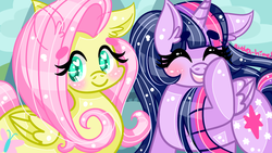 Size: 1280x720 | Tagged: safe, artist:audra-hime, fluttershy, twilight sparkle, alicorn, pony, g4, blushing, female, lesbian, mare, scene interpretation, ship:twishy, shipping, twilight sparkle (alicorn)