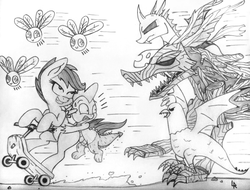 Size: 1260x960 | Tagged: safe, artist:dubstepbrony4life, scootaloo, spike, changeling, cockatrice, parasprite, timber wolf, g4, belly button, everfree forest, monochrome, scooter