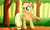 Size: 1000x600 | Tagged: safe, artist:nunitko, applejack, g4, female, forest, looking back, one eye closed, raised hoof, solo