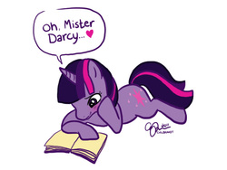Size: 640x480 | Tagged: safe, artist:pixel-prism, twilight sparkle, pony, unicorn, g4, adorkable, blushing, book, cute, dork, female, hark a vagrant, heart, ooh mister darcy, pride and prejudice, prone, reading, smiling, solo, unicorn twilight