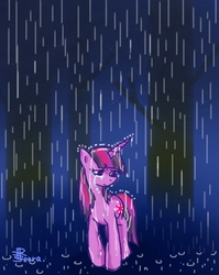 Size: 445x560 | Tagged: safe, artist:kicharanseara, twilight sparkle, g4, crying, female, pixiv, rain, solo