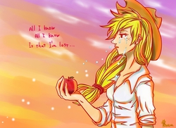 Size: 750x545 | Tagged: safe, artist:kicharanseara, applejack, human, g4, crying, female, humanized, pixiv, solo