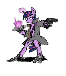 Size: 633x727 | Tagged: safe, artist:appletank, twilight sparkle, cyborg, pony, robot, g4, artificial hoof, augmented, badass, bipedal, female, gun, injured, sketchy, solo