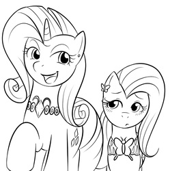 Size: 797x800 | Tagged: safe, artist:kloudmutt, fluttershy, rarity, g4, monochrome, necklace