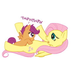 Size: 504x432 | Tagged: artist needed, source needed, safe, fluttershy, scootaloo, g4, onomatopoeia, raspberry, raspberry noise