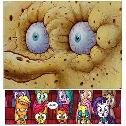 Size: 1022x1024 | Tagged: safe, edit, idw, g4, spoiler:comic, audience reaction, bloodshot eyes, creepy, i don't need it, male, scared, spongebob squarepants, spongebob squarepants (character), tea at the treedome