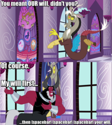 Size: 641x715 | Tagged: safe, edit, edited screencap, screencap, discord, lord tirek, princess cadance, princess celestia, princess luna, g4, twilight's kingdom, caption, image macro, meme, muppets most wanted, reference, stained glass, text, the muppets, throne room