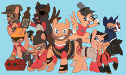 Size: 904x540 | Tagged: safe, artist:bluelioness123, crossover, demoman, demoman (tf2), engineer, engineer (tf2), heavy (tf2), medic, medic (tf2), ponified, pyro (tf2), scout (tf2), sniper, sniper (tf2), soldier, soldier (tf2), spy, spy (tf2), team fortress 2