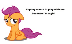 Size: 1138x698 | Tagged: safe, scootaloo, g4, bronybait, female, op is a duck, op is trying to start shit, sad, solo, text