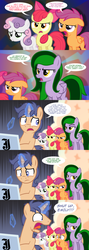 Size: 1280x3600 | Tagged: dead source, safe, artist:jan, apple bloom, scootaloo, sweetie belle, oc, oc:emerald may, oc:jananimations, ask the crusaders, g4, ask, comic, cutie mark crusaders, irony, pouting, scrunchy face