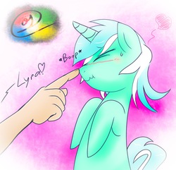 Size: 1335x1286 | Tagged: safe, artist:rockarboom, lyra heartstrings, g4, blushing, boop, cute, eyes closed, hand, heart, lyrabetes, nose wrinkle, scrunchy face, sweatdrop