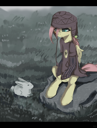 Size: 2358x3100 | Tagged: safe, artist:facerenon, fluttershy, rabbit, g4, clothes, female, high res, sitting, solo