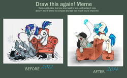 Size: 2750x1690 | Tagged: safe, artist:vegemiteguzzler, dj pon-3, octavia melody, vinyl scratch, g4, draw this again, tickling