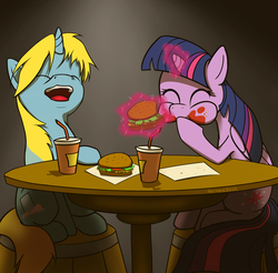 Size: 2213x2175 | Tagged: safe, artist:harmonicviper, twilight sparkle, oc, oc:cross rhodes, alicorn, pony, g4, burger, cute, eating, female, food, glowing horn, hay burger, high res, horn, magic, mare, ship, sitting, soda, solo, telekinesis, that pony sure does love burgers, twilight burgkle, twilight sparkle (alicorn)