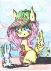 Size: 1024x1419 | Tagged: safe, artist:chibiwendy, angel bunny, fluttershy, g4, cap, female, hat, soda, solo, unshorn fetlocks