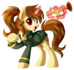 Size: 2520x2380 | Tagged: safe, artist:xnightmelody, oc, oc only, oc:katya ironstead, alicorn, pony, alicorn oc, clothes, cute, high res, jacket, musical instrument, red eyes, solo, trumpet