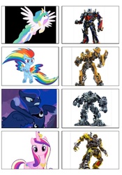 Size: 666x953 | Tagged: safe, princess cadance, princess celestia, princess luna, rainbow dash, g4, bumblebee (transformers), comparison, crossover, ironhide, mashup, optimus prime, ratchet, transformers