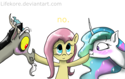 Size: 1024x651 | Tagged: safe, artist:lifekore, discord, fluttershy, princess celestia, g4, :t, blushing, boop, dislestia denied, eye contact, frown, nose wrinkle, scrunchy face, shipping denied, simple background, smiling, transparent background, trio, wavy mouth, wide eyes