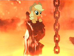 Size: 400x300 | Tagged: safe, applejack, g4, female, fire, frown, lava, solo, terminator, this will end in tears and/or death, worried