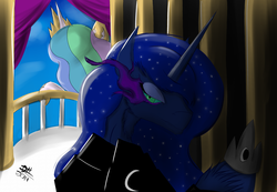 Size: 1024x707 | Tagged: safe, artist:dextroscity, princess celestia, princess luna, g4, balcony, bevor, clothes, corrupted, fluffy, frown, glare, glowing eyes, hoof hold, jewelry, looking at you, shoes, sombra eyes, tiara, unshorn fetlocks, waving