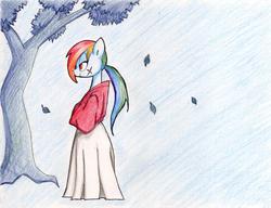 Size: 1024x787 | Tagged: dead source, safe, artist:unousaya, rainbow dash, g4, alternate hairstyle, clothes, female, parody, ponytail, rurouni kenshin, solo, traditional art, tree