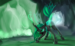 Size: 3048x1874 | Tagged: safe, artist:nadnerbd, queen chrysalis, changeling, changeling queen, g4, angry, cave, crown, fangs, female, glowing horn, horn, jewelry, magic, open mouth, regalia, solo, transparent wings, wings