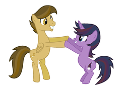 Size: 1384x1024 | Tagged: safe, artist:unoriginai, oc, oc only, oc:quick time, oc:star flash, pegasus, pony, unicorn, brother and sister, female, holding hooves, jumping, male, mare, offspring, parent:doctor whooves, parent:twilight sparkle, parents:doctwi, simple background, stallion, white background