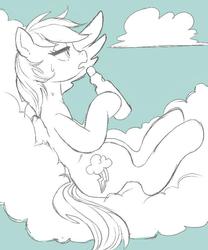 Size: 600x720 | Tagged: dead source, safe, artist:semi-kon, rainbow dash, g4, bottle, cloud, cloudy, drinking, female, monochrome, partial color, solo, sweat