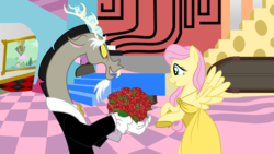 Size: 5333x3000 | Tagged: safe, artist:discordedproductions, discord, fluttershy, draconequus, pegasus, pony, fanfic:bride of discord, g4, bouquet of flowers, clothes, dress, duo, female, flower, male, ship:discoshy, shipping, straight