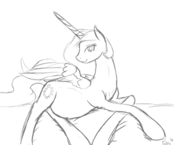 Size: 1355x1125 | Tagged: safe, artist:patch, princess celestia, g4, bedroom eyes, belly, female, looking at you, missing accessory, monochrome, preglestia, pregnant, prone, sketch, smiling, solo, spread wings