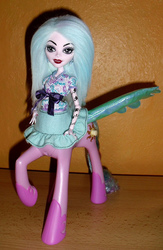 Size: 522x800 | Tagged: safe, artist:lagoona89, princess celestia, centaur, g4, blue wings, centaurlestia, colored wings, crossover, customized toy, irl, monster high, nightmare fuel, photo, pinklestia, solo, toy, toy abuse, what has science done, wings