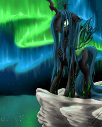 Size: 800x1000 | Tagged: safe, artist:robbergon, queen chrysalis, changeling, changeling queen, g4, aurora borealis, crown, female, jewelry, regalia, solo