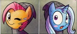 Size: 1024x462 | Tagged: safe, artist:agnes garbowska, edit, idw, babs seed, trixie, g4, spoiler:comic, spoiler:comic22, babxie, blushing