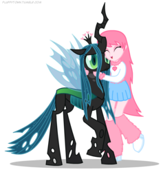 Size: 900x950 | Tagged: safe, artist:mixermike622, queen chrysalis, oc, oc:fluffle puff, changeling, changeling queen, equestria girls, g4, confused, eyes closed, female, happy, hug, open mouth, raised hoof, simple background, smiling, transparent background