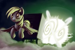 Size: 1095x730 | Tagged: safe, artist:moonlitbrush, derpy hooves, pegasus, pony, comic:derpy deliveries, fallout equestria, g4, air wagon, balefire bomb, cloudsdale, female, implied death, mare, megaspell, megaspell explosion, solo