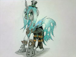 Size: 4000x3000 | Tagged: dead source, safe, artist:makahin, queen chrysalis, changeling, changeling queen, g4, boots, female, solo, steampunk, traditional art, wristwatch