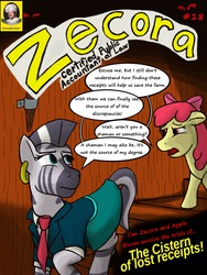 Size: 1200x1600 | Tagged: safe, artist:thebathwaterhero, apple bloom, zecora, earth pony, pony, zebra, g4, chef excellence, clothes, dialogue, duo, duo female, female, filly, foal, lawyer, missing accessory, necktie, skirt, speech bubble, text