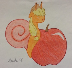 Size: 1848x1726 | Tagged: safe, artist:alaude29, applejack, original species, snail, snail pony, g4, ambiguous gender, apple, snailified, solo, species swap, that pony sure does love apples, traditional art