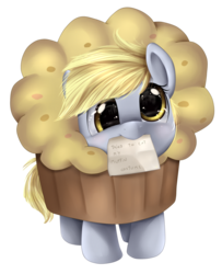 Size: 1534x1887 | Tagged: safe, artist:pridark, derpy hooves, pegasus, pony, g4, clothes, costume, cute, daaaaaaaaaaaw, derpabetes, derpy is a muffin, female, filly, filly derpy, filly derpy hooves, food, food costume, hnnng, looking at you, mouth hold, muffin, muffin costume, pony shaming, pridark is trying to murder us, shaming, simple background, smiling, solo, transparent background, weapons-grade cute, younger