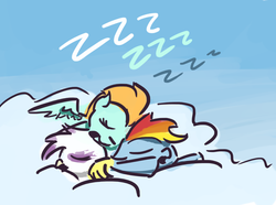 Size: 1143x851 | Tagged: dead source, safe, artist:just-as-requested, gilda, lightning dust, rainbow dash, griffon, g4, cloud, cute, sketch, sky, sleeping, snoring, zzz